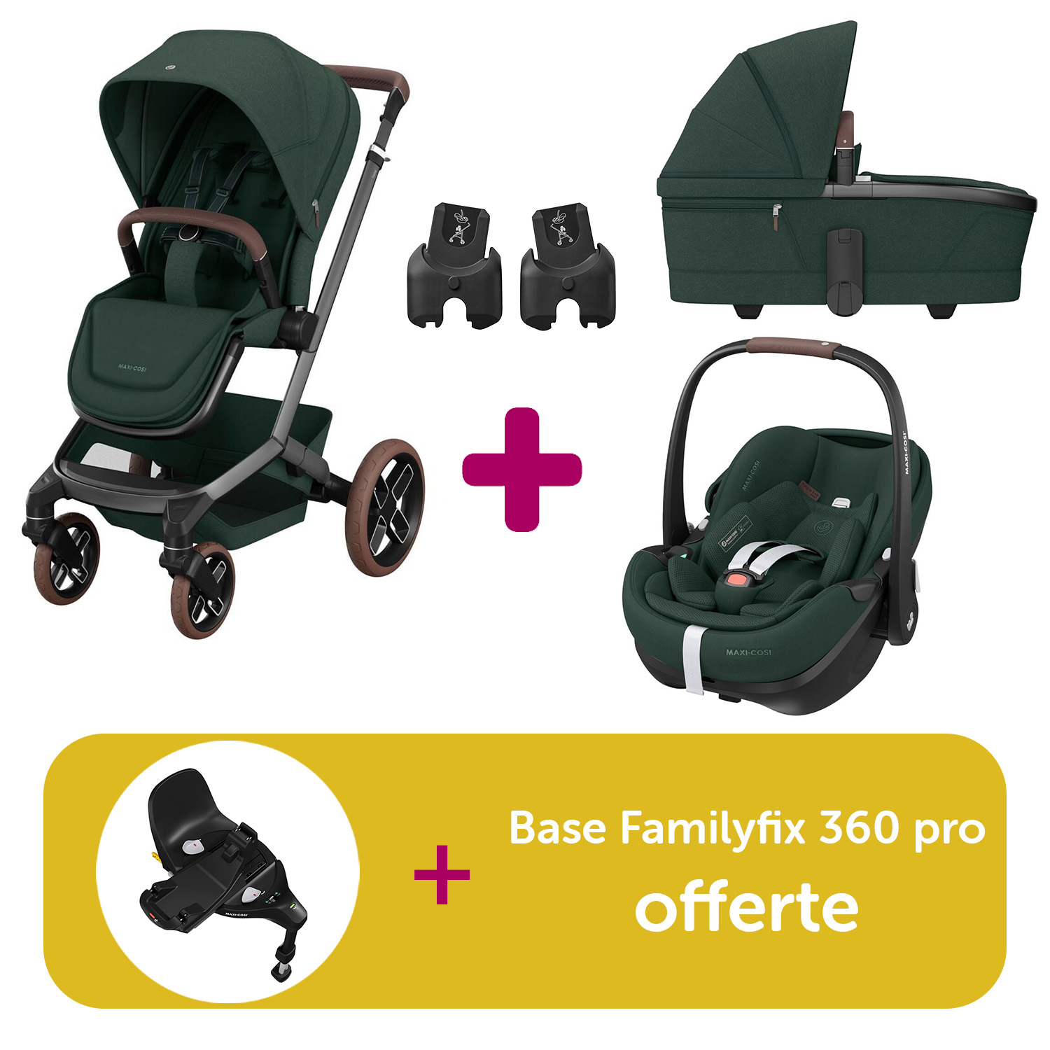 Pack Poussette Trio Fame Twillic Green + Nacelle + adaptateurs coques + coque Pebble 360 pro Twillic Green = base Familyfix 360 pro offerte  Maxi Cosi