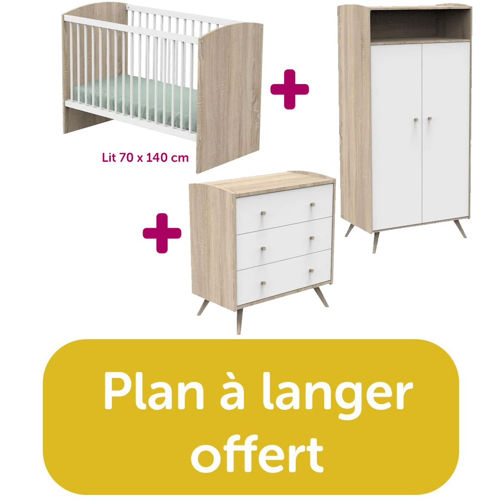 Chambre bébé complète Access blanc : lit 70x140, commode, armoire = plan à langer offert Sauthon