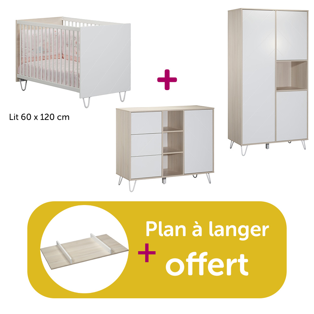 Sauthon - Chambre bébé complète Happy : lit 60x120, commode, armoire, plan offert  Sauthon