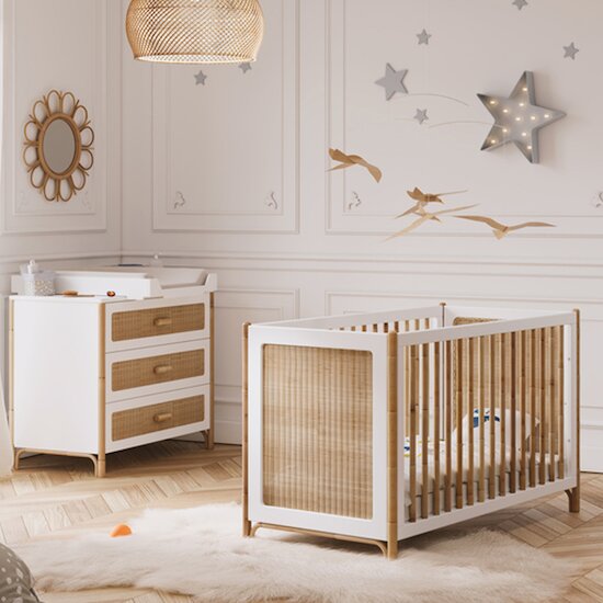 Théo Chambre Duo Océania Blanc : lit 60x120, commode  