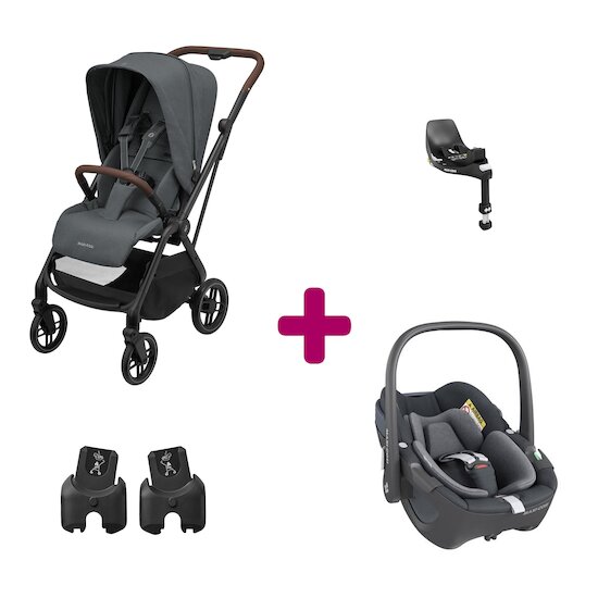 Maxi Cosi Pack Poussette Duo Léona 2 Twillic Graphite + coque Pebble 360 Essential graphite + adaptateurs = base à -50%  