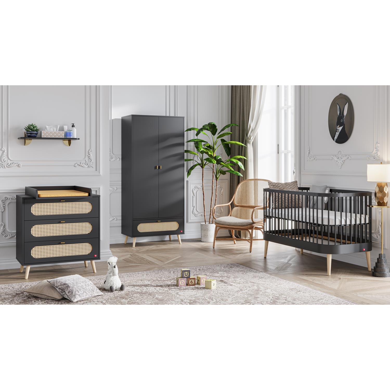 Chambre bébé complète Canne Paris : lit transformable 70x140, commode, armoire Vox