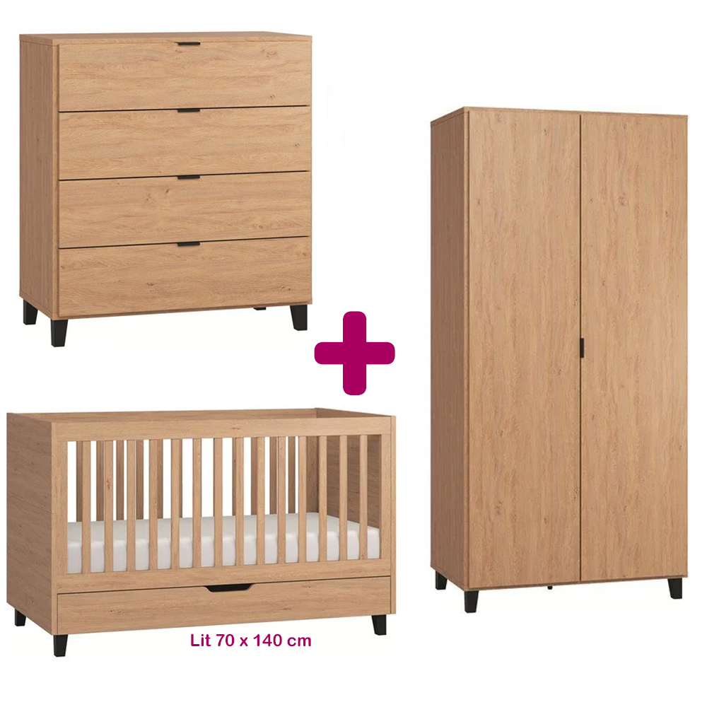 Chambre bébé complète Simple : lit évolutif 70x140, commode, armoire Vox