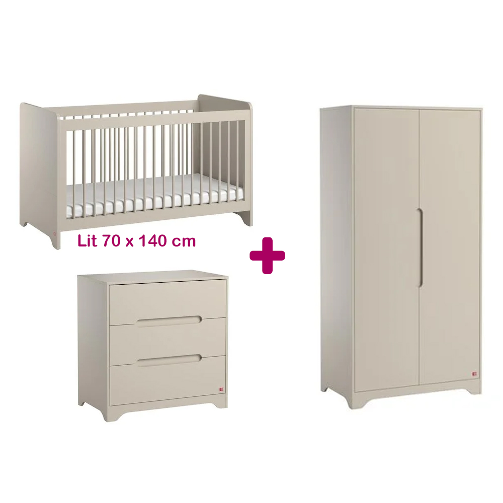 Chambre bébé complète Ova beige : lit 70x140, commode, armoire Vox