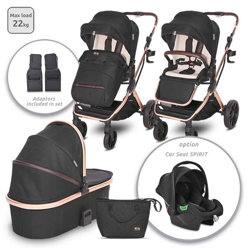 Poussette Glory avec nacelle + adaptateurs coque Spirit NOIR Lorelli