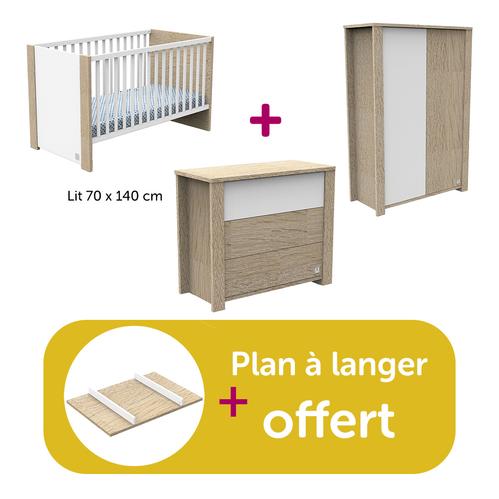 Sauthon - Chambre Bébé Complète Antonin Chêne Noisette Et Blanc, lit 70x140,  commode,  Armoire, plan à langer offert  Sauthon