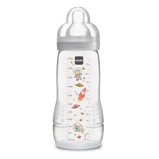 Biberon nuk 300ml plus 2 tétines taille L , lait epaissi et 2 tailles M