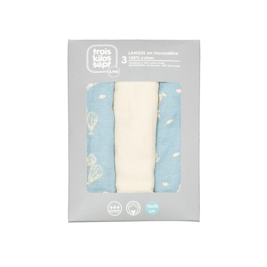 Trois Kilos Sept Lot de 3 langes Poires bleu beige 70X70 cm