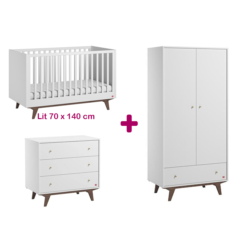 Chambre bébé complète Mid blanc : lit 70x140, commode, armoire Vox