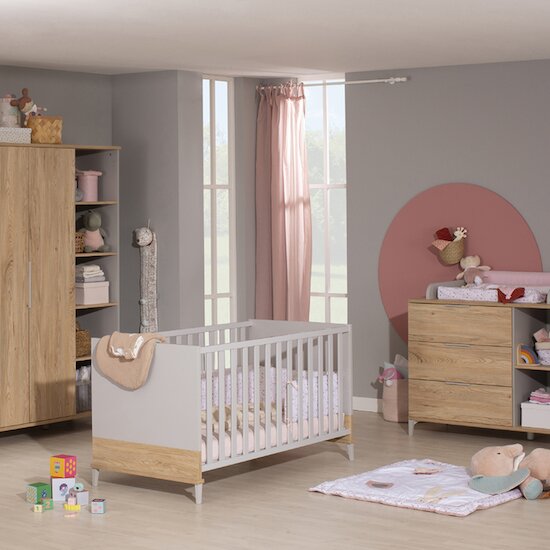 Transland Chambre bébé complète Elouen : lit évolutif 70x140, commode à langer, armoire 1 porte  