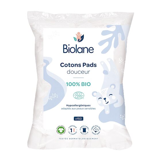Biolane Cotons Pads Bio Bleu clair et blanc 