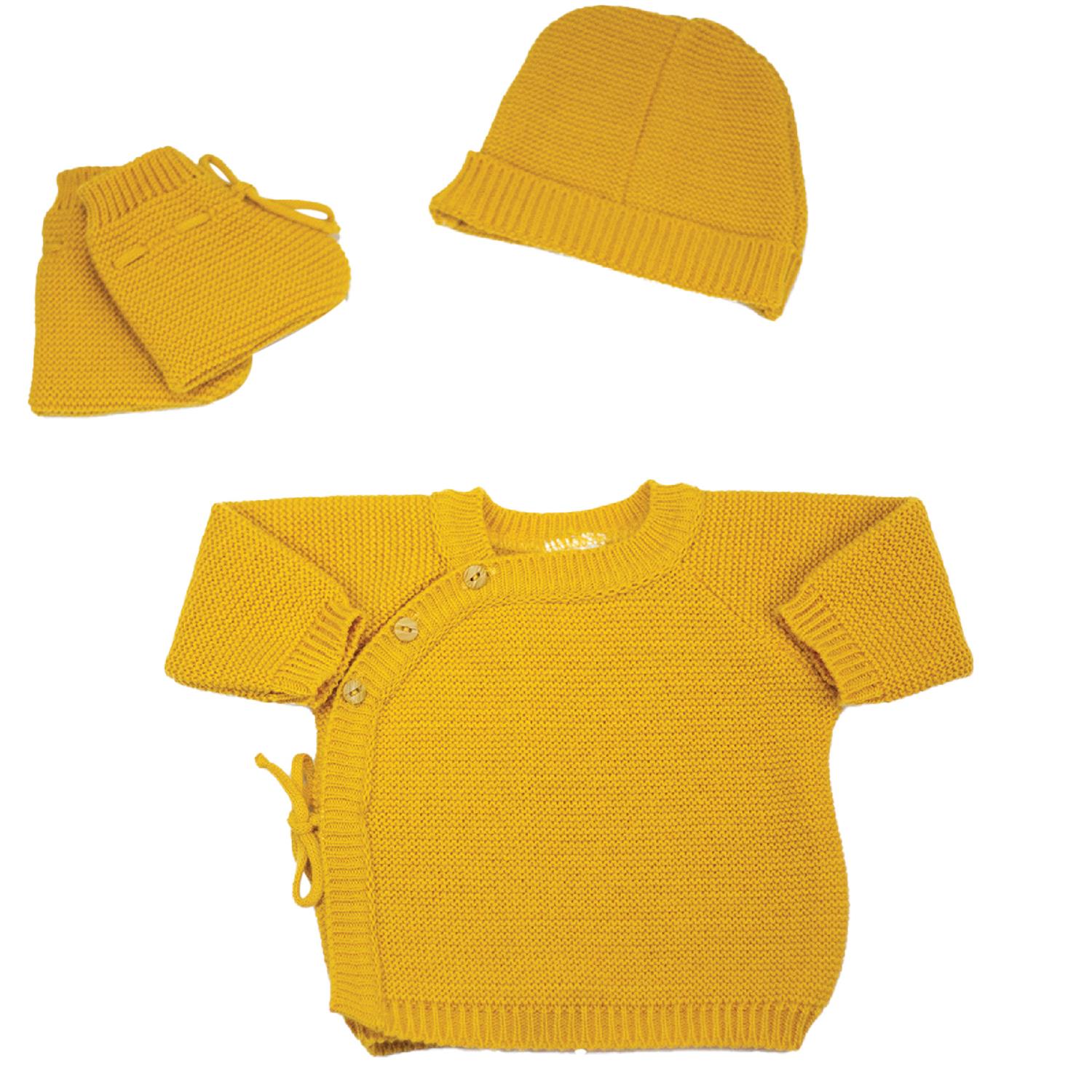Ensemble brassière, chausson et bonnet Maille JAUNE Trois Kilos Sept