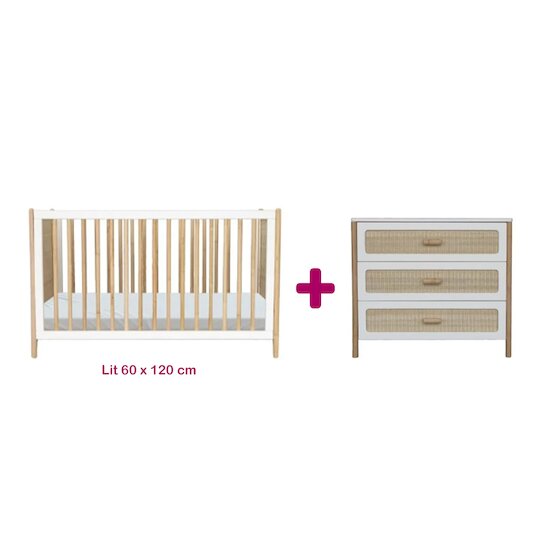 Théo Chambre bébé duo Océania Blanc : lit 60x120, commode  