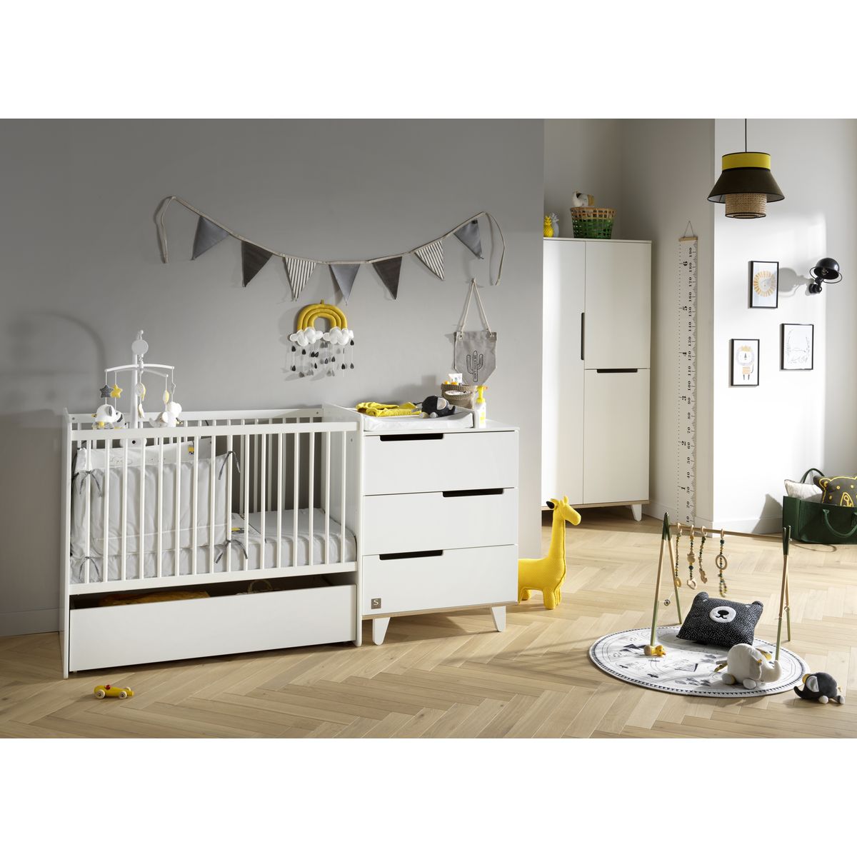 Pack chambre bébé blanc avec lit évolutif, table à langer et armoire - Vox  Milk