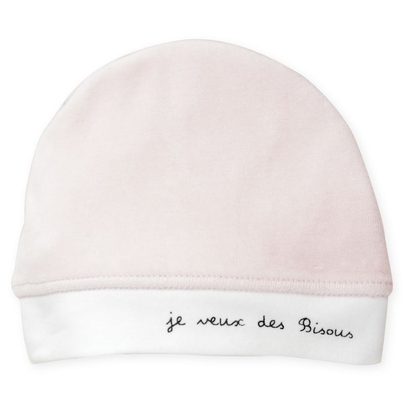 Bonnet Naissance velours Je veux des bisous ROSE Trois Kilos Sept