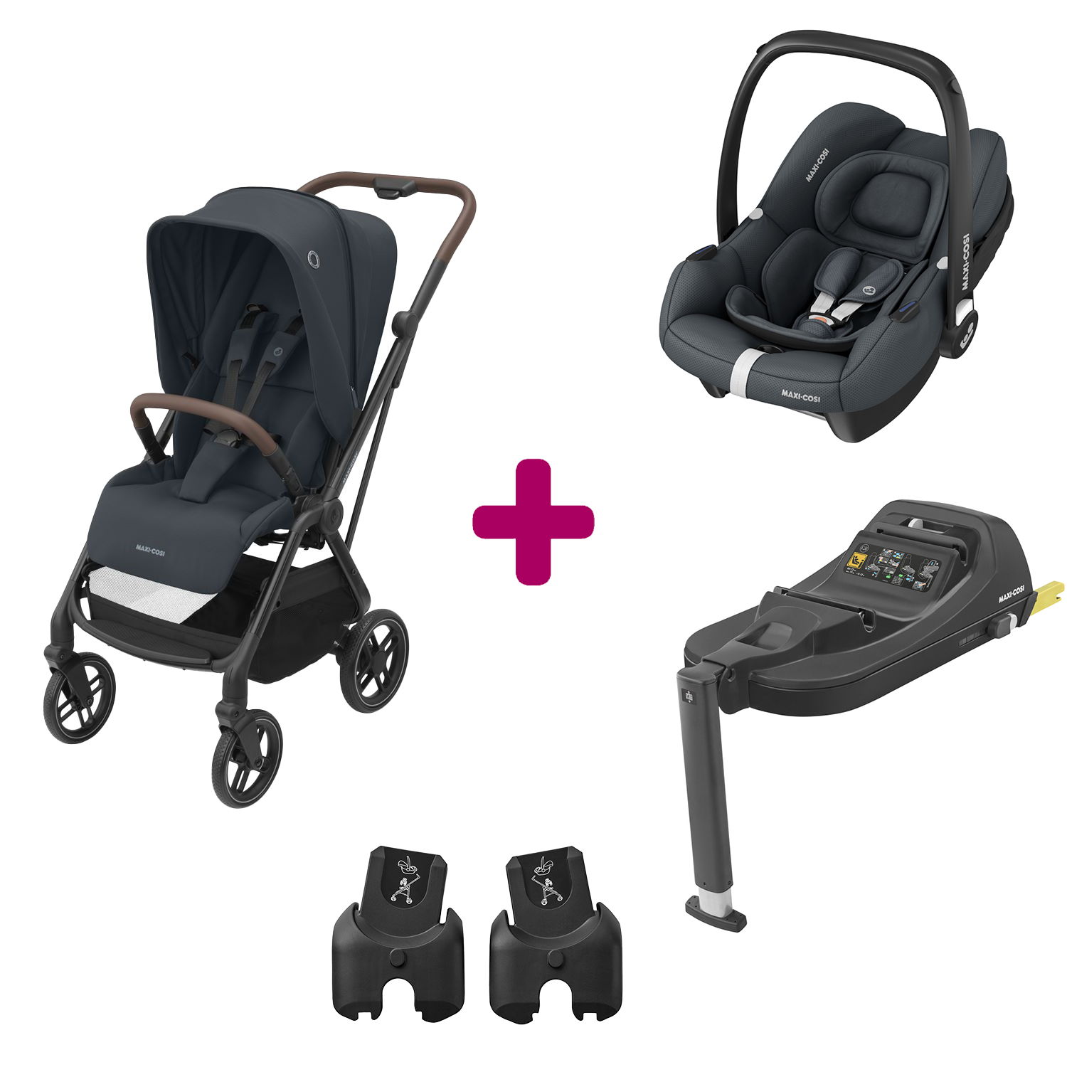 Pack poussette duo Léona 2 + cabriofix i-size essential graphite + base cabriofix i-size Maxi Cosi