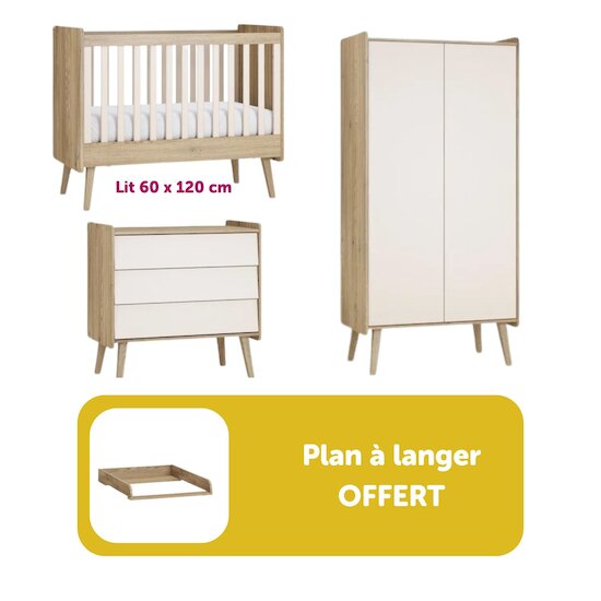 Vox Chambre Bébé Trio Vintage Fresh : Lit  60x120 cm Chêne/Sable-Beige + Commode  + Armoire 2-portes + Plan à Langer offert   