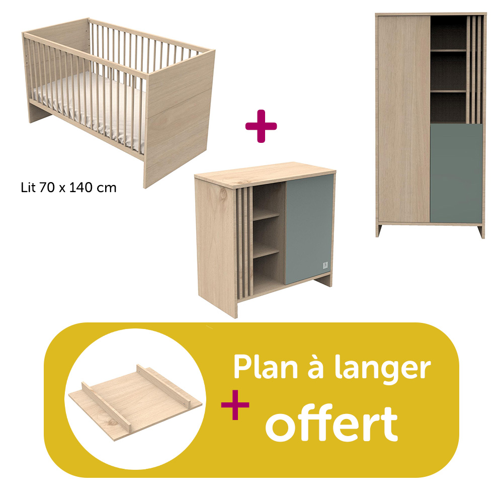 Sauthon - Chambre Duo Tokyo : lit 140x70 commode Sauge , Amoire Sauge, plan offert  Sauthon