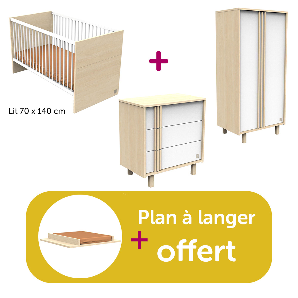 Sauthon - Chambre bébé complète Nature : LITTLE BIG BED 140x70 , commode, armoire, plan offert  Sauthon