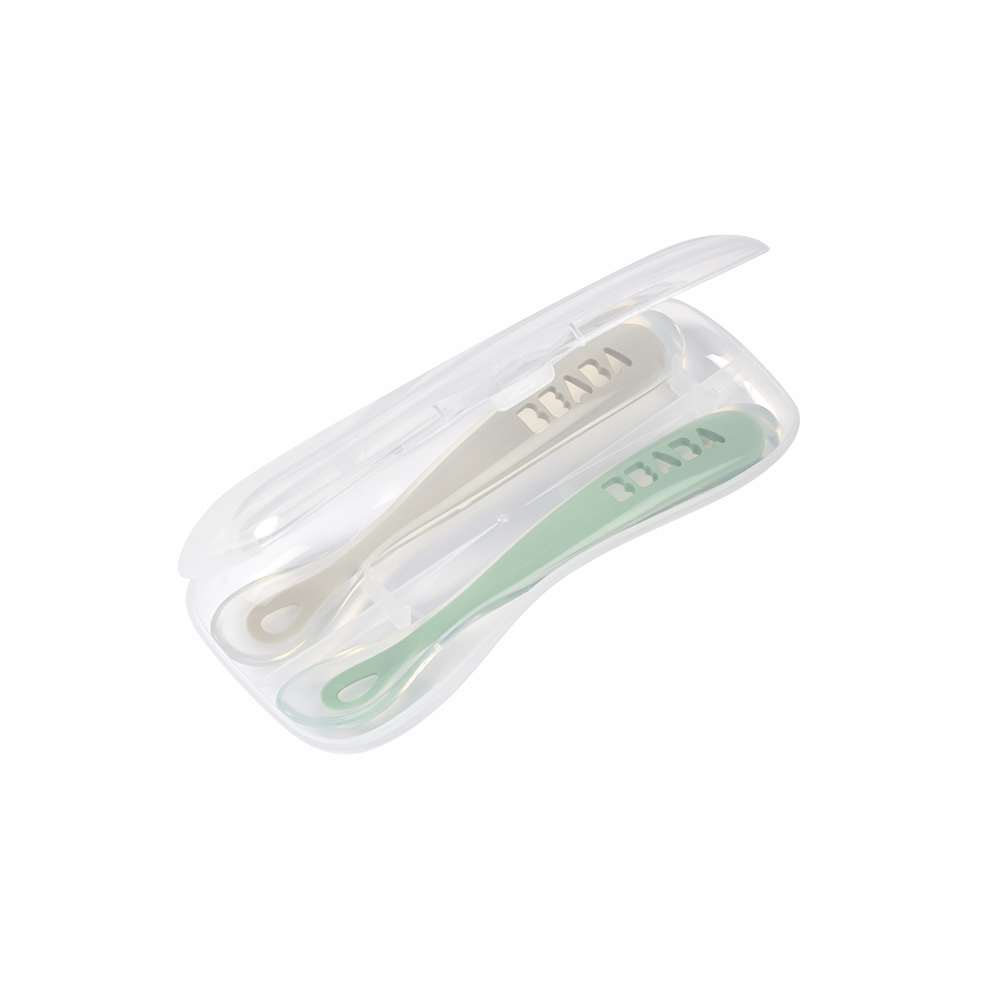 Beaba - 2 cuillères 1er âge silicone avec boite de transport VERT Béaba
