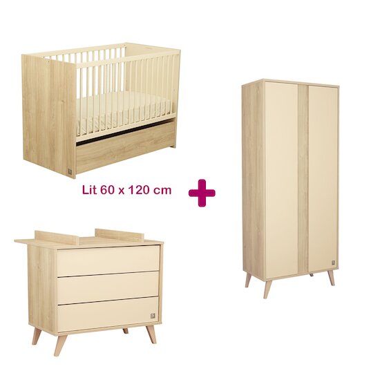 Sauthon Chambre bébé complète : Lit bébé transformable  60x120, Commode 3 tiroirs  Armoire 2 portes   