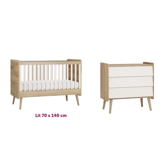 Chambre Bébé Duo Vintage Fresh : Lit évolutif 70x140 cm Chêne/Sable-Beige + Commode