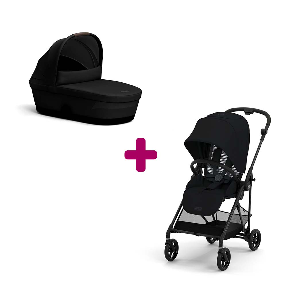 Pack Poussette Duo Melio 4 chassis carbon Magic Black + Nacelle Melio 4 Magic Black Cybex