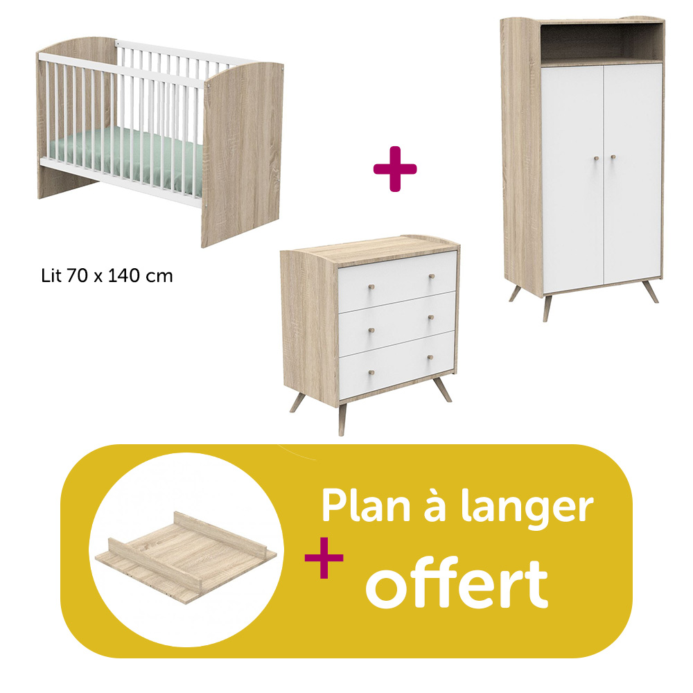 Sauthon - Chambre bébé complète Access blanc : lit 70x140, commode, armoire, plan à langer offert  Sauthon