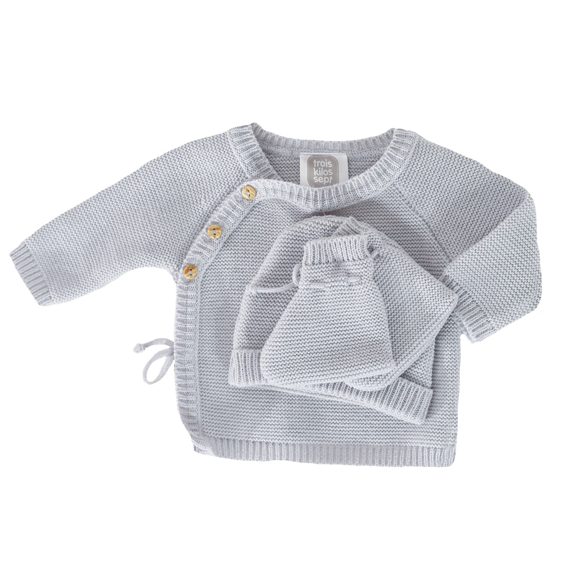 LOT BRASSIERE CHAUSSONS BONNET GRIS Trois Kilos Sept