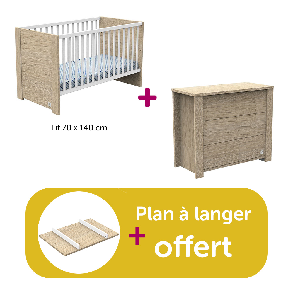 Sauthon - Chambre Duo Antonin Bois, lit  70x140, commode, plan à langer offert  Sauthon
