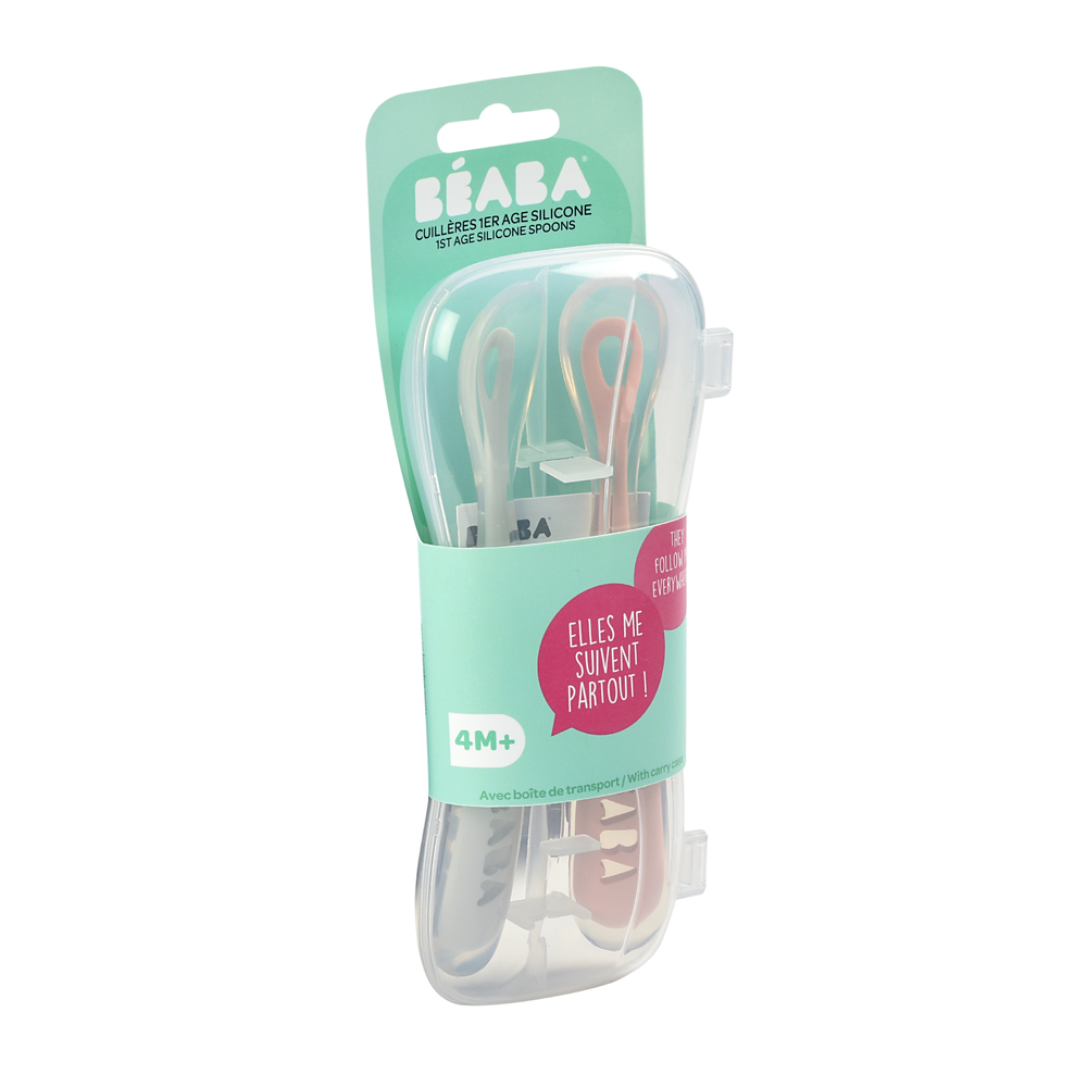 Beaba - 2 cuillères 1er âge silicone avec boite de transport ROSE Béaba
