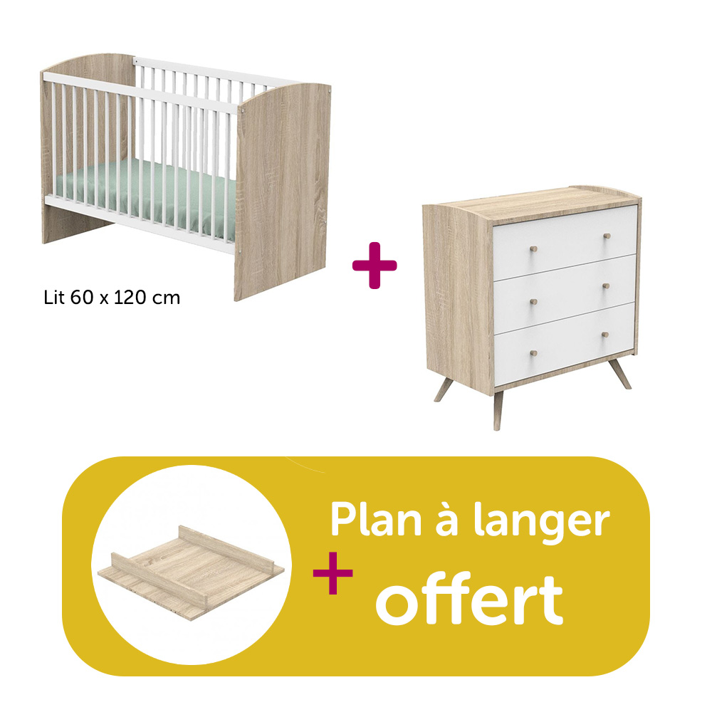 Sauthon - Chambre Duo Access blanc : lit 60x120, commode, plan à langer offert  Sauthon