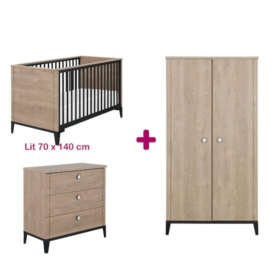 Galipette Chambre bébé complète Marcel Chêne Blond Et Noir : Lit 70x140, Commode 3 tiroirs, Armoire 2 portes    Galipette Chambre bébé complète Marcel Chêne Blond Et Noir : Lit 70x140, Commode 3 tiroirs, Armoire 2 portes