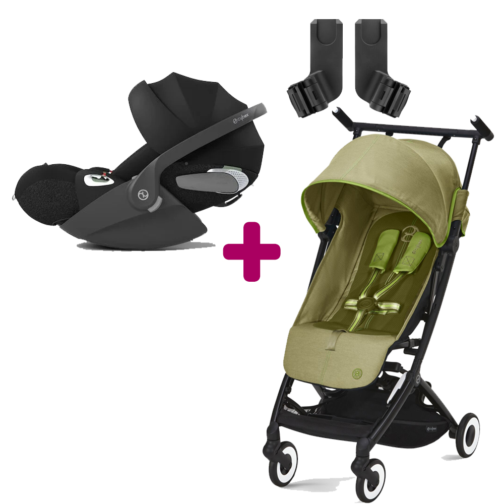 Pack Poussette duo Libelle Nature Green + Coque Cloud T i-Size Sepia Black + adaptateurs coque Cybex