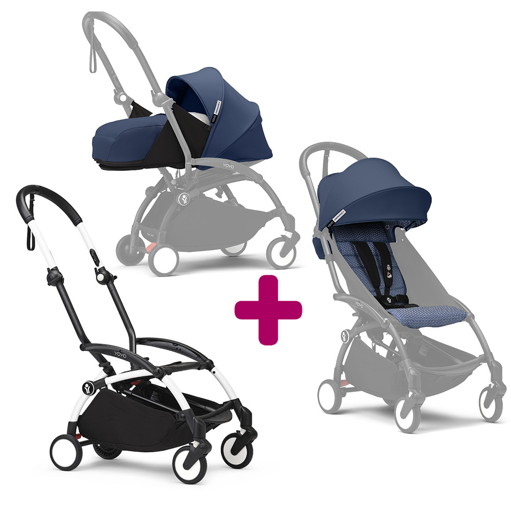 Stokke - Pack Poussette duo chassis YOYO³ Blanc + pack 6+ YOYO³ Bleu Air France + pack nouveau-né YOYO³ Air France  Stokke