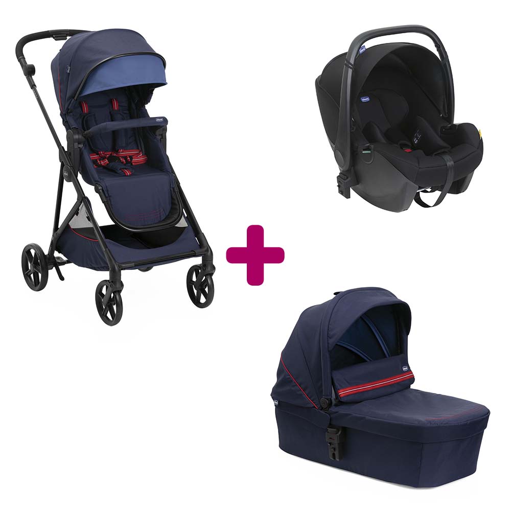 Chicco - Pack poussette trio Seety Oxford blue + coque Kory essential black  + nacelle oxford blue  Chicco