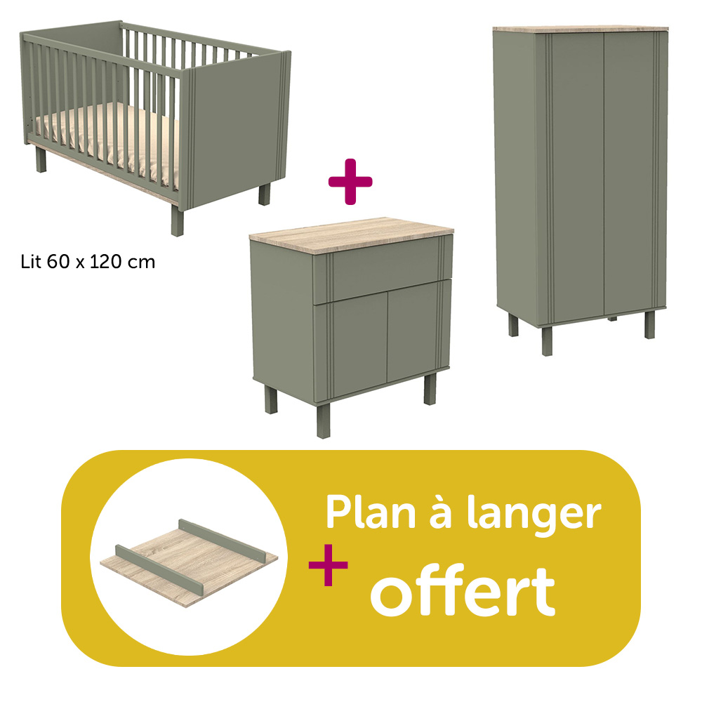 Sauthon - Chambre bébé complète Eléonore kaki : lit 60x120, commode, armoire, plan offert  Sauthon