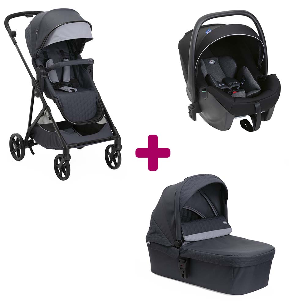 Chicco - Pack poussette trio Seety Boston grey + coque Kory plus air black + nacelle Boston grey  Chicco