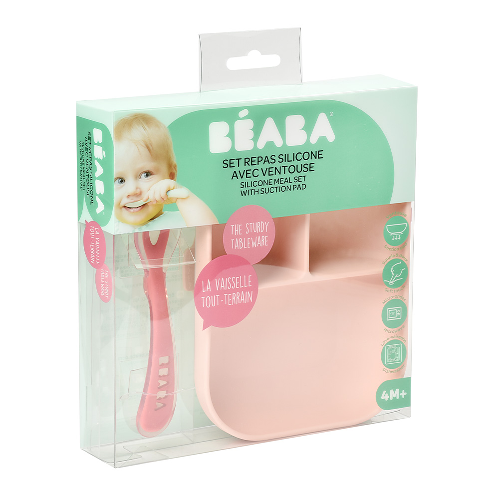 Beaba - Set repas silicone 2 pièces compartimenté ROSE Béaba