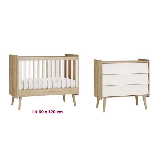 Chambre Bébé Duo Vintage Fresh : Lit  60x120 cm Chêne/Sable-Beige + Commode 