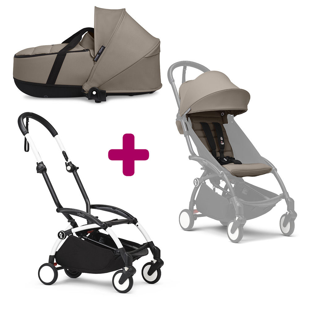 Pack Poussette duo chassis YOYO³ Blanc + pack 6+ YOYO³ Taupe + nacelle YOYO³ Taupe Stokke