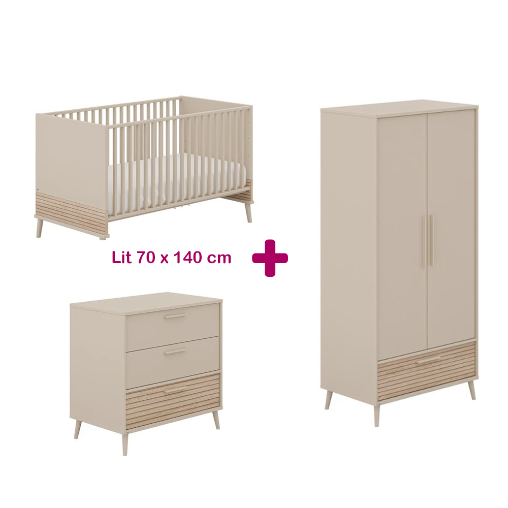 Chambre bébé complète Eefje : lit 70x140, commode, armoire Paidi
