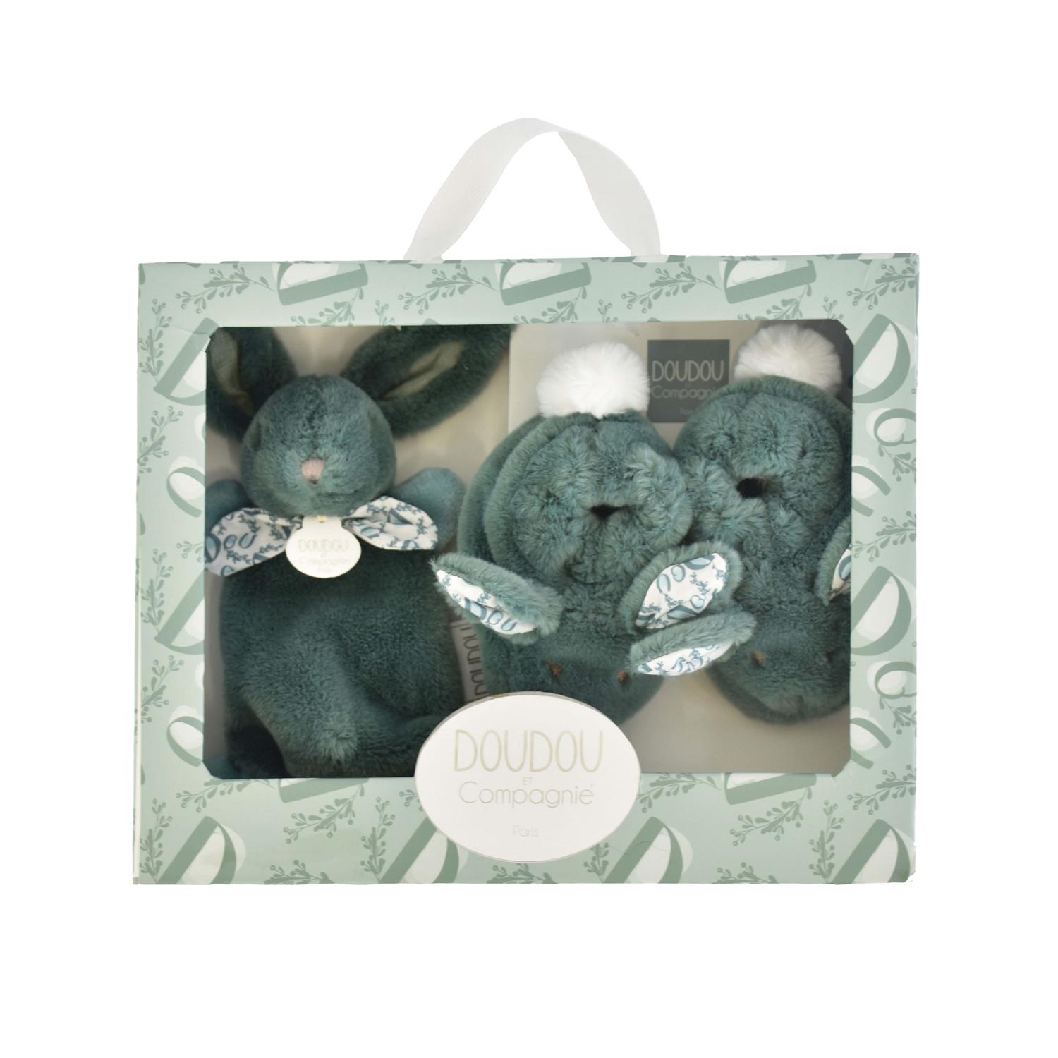 Doudou & Compagnie - Coffret chaussons et doudou lapin VERT Doudou & Compagnie