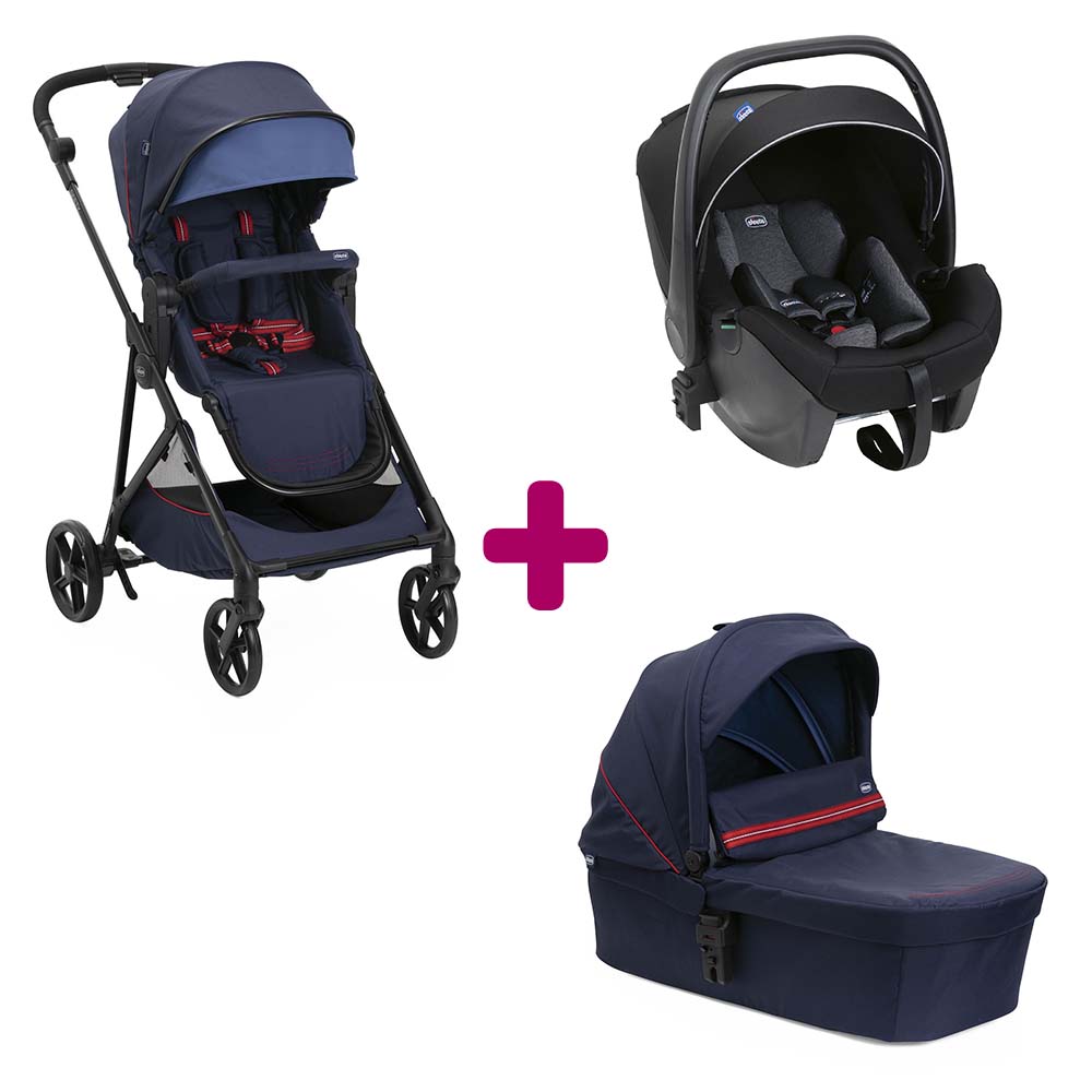Chicco - Pack poussette trio Seety Oxford blue + coque Kory plus air black + nacelle oxford blue  Chicco