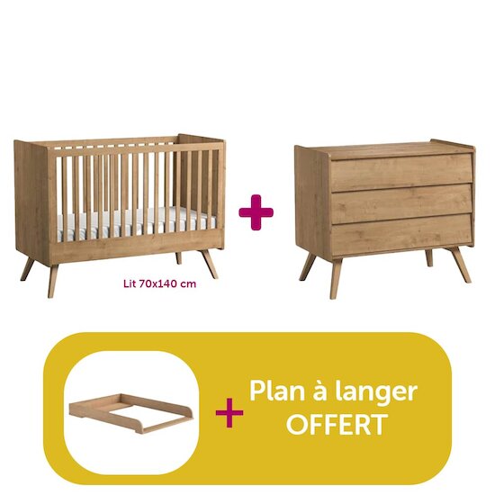Vox Chambre bébé Duo Vintage : Lit 70x140, commode Bois, plan à langer offert  