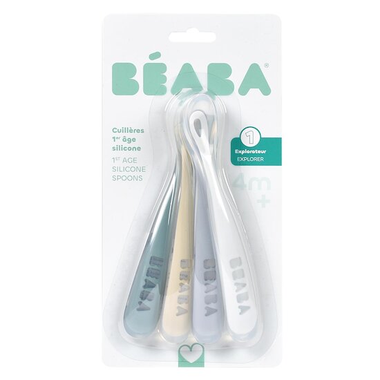 Béaba Lot de 4 cuillères silicone 1er âge   Galet / Pebble  Béaba Lot de 4 cuillères silicone 1er âge   Galet / Pebble