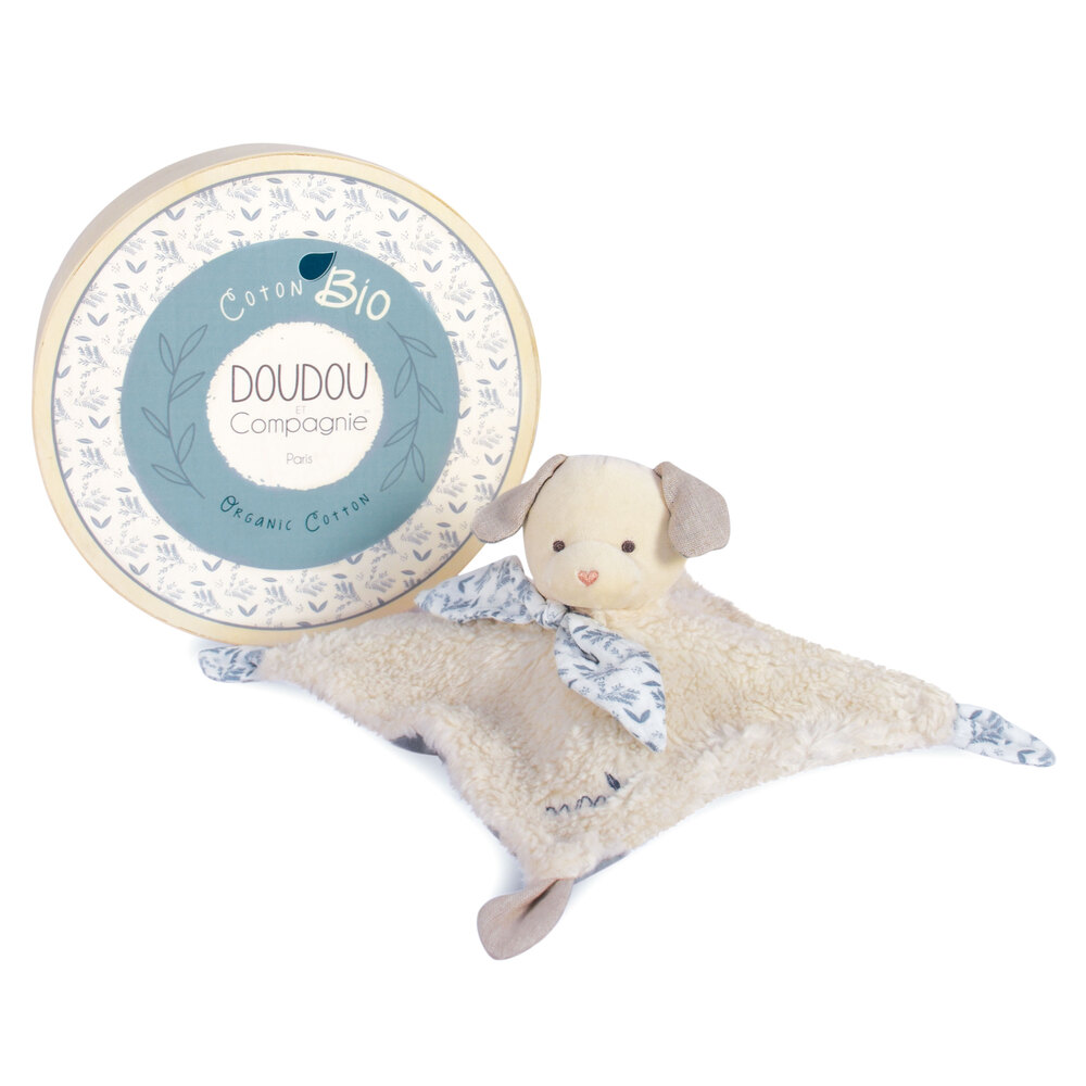 Doudou & Compagnie - Doudou Chien en coton bio BLEU Doudou & Compagnie