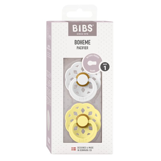 BIBS Tétines Boheme 2 Pack Caoutchouc naturel White/Sunshine 