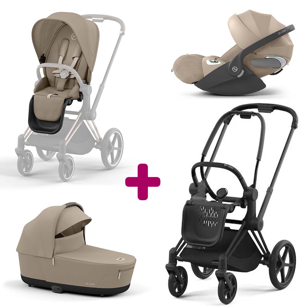 Cybex - Pack Poussette Chassis Priam matt black + Siege Priam Cozy Beige + Coque Auto Cloud T-i-size Tissu plus Cozy Beige + Nacelle Luxe Cozy Beige  Cybex