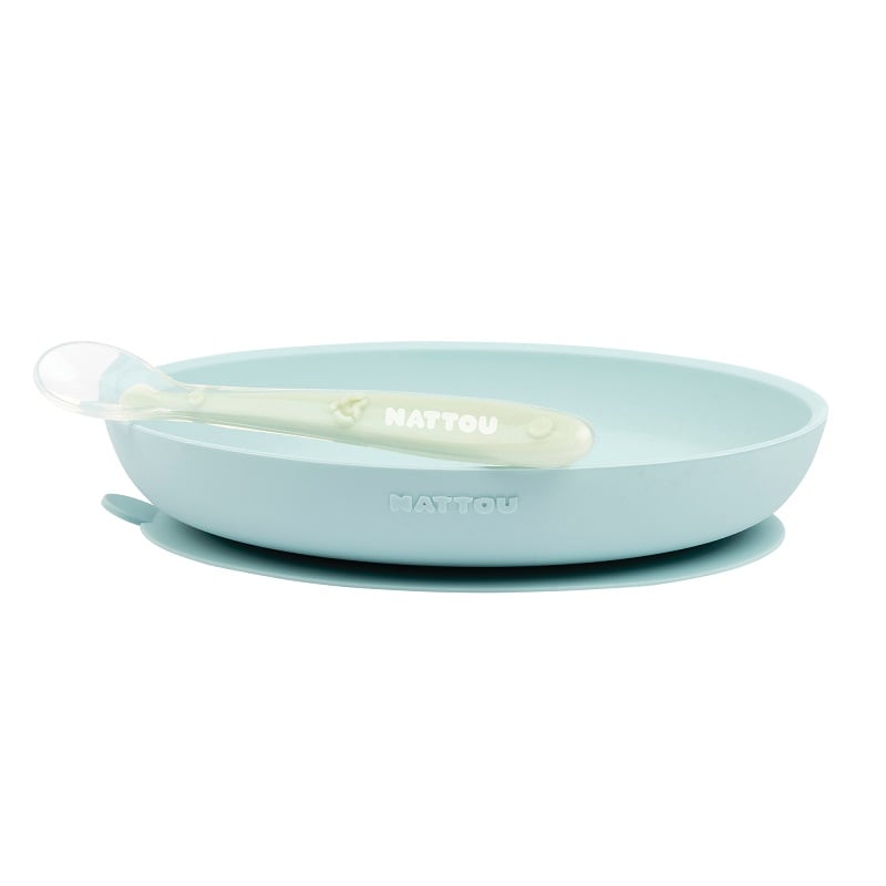 Nattou - Coffret repas silicone 2 pc Assiette et cuillère BLEU Nattou